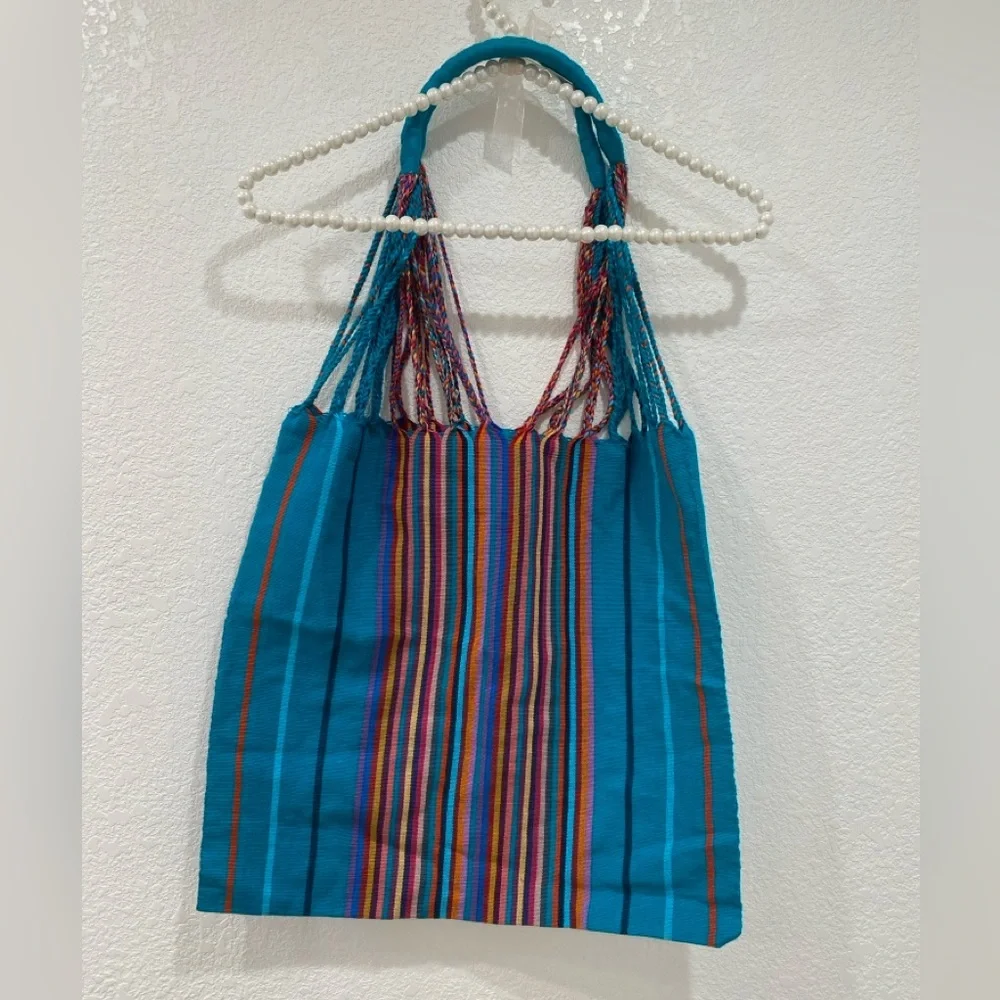 Mexican rainbow striped woven tote bag blue - Picture 2 of 4